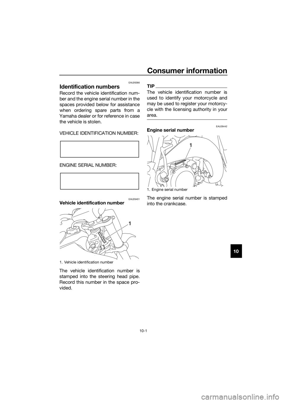 YAMAHA YZ65 2020 Manual Online Consumer information
10-1
10
EAU26366
Id entification num bers
Record the vehicle identification num-
ber and the engine serial number in the
spaces provided below for assistance
when ordering spare p