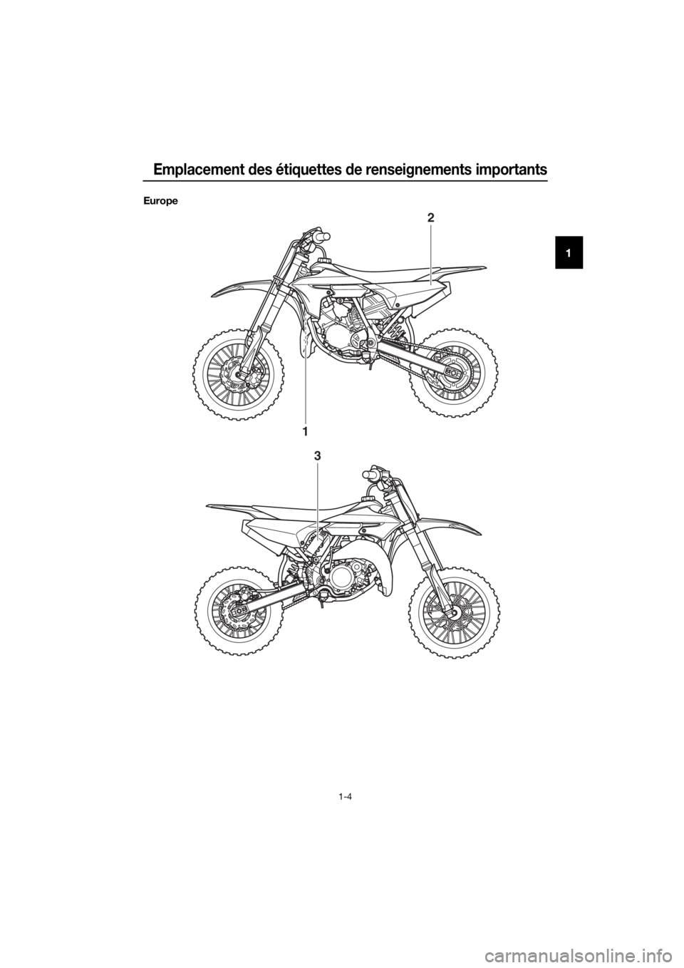 YAMAHA YZ65 2020 Notices Demploi (in French) Emplacement des étiquettes de renseignements importants
1-4
1
Europe
2
3
1
UBR881F0.book Page 4 Wednesday, March 27, 2019 10:15 AM YAMAHA YZ65 2020 Notices Demploi (in French) Emplacement des étiquettes de renseignements importants
1-4
1
Europe
2
3
1
UBR881F0.book Page 4 Wednesday, March 27, 2019 10:15 AM