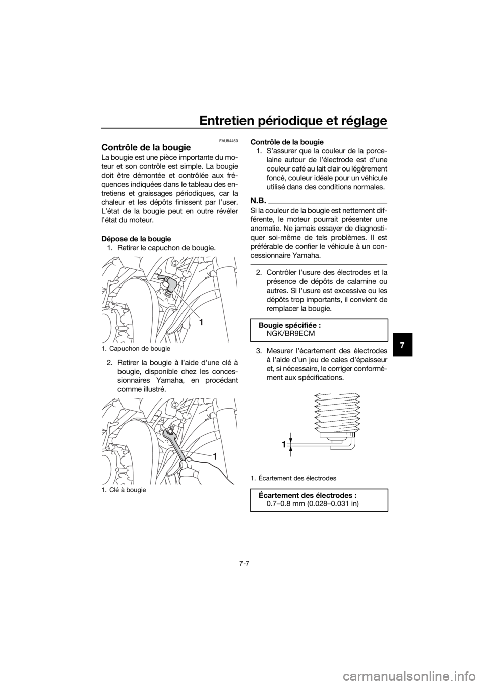 YAMAHA YZ65 2020  Notices Demploi (in French) Entretien périodique et réglage
7-7
7
FAU84450
Contrôle de la bougie
La bougie est une pièce importante du mo-
teur et son contrôle est simple. La bougie
doit être démontée et contrôlée aux 