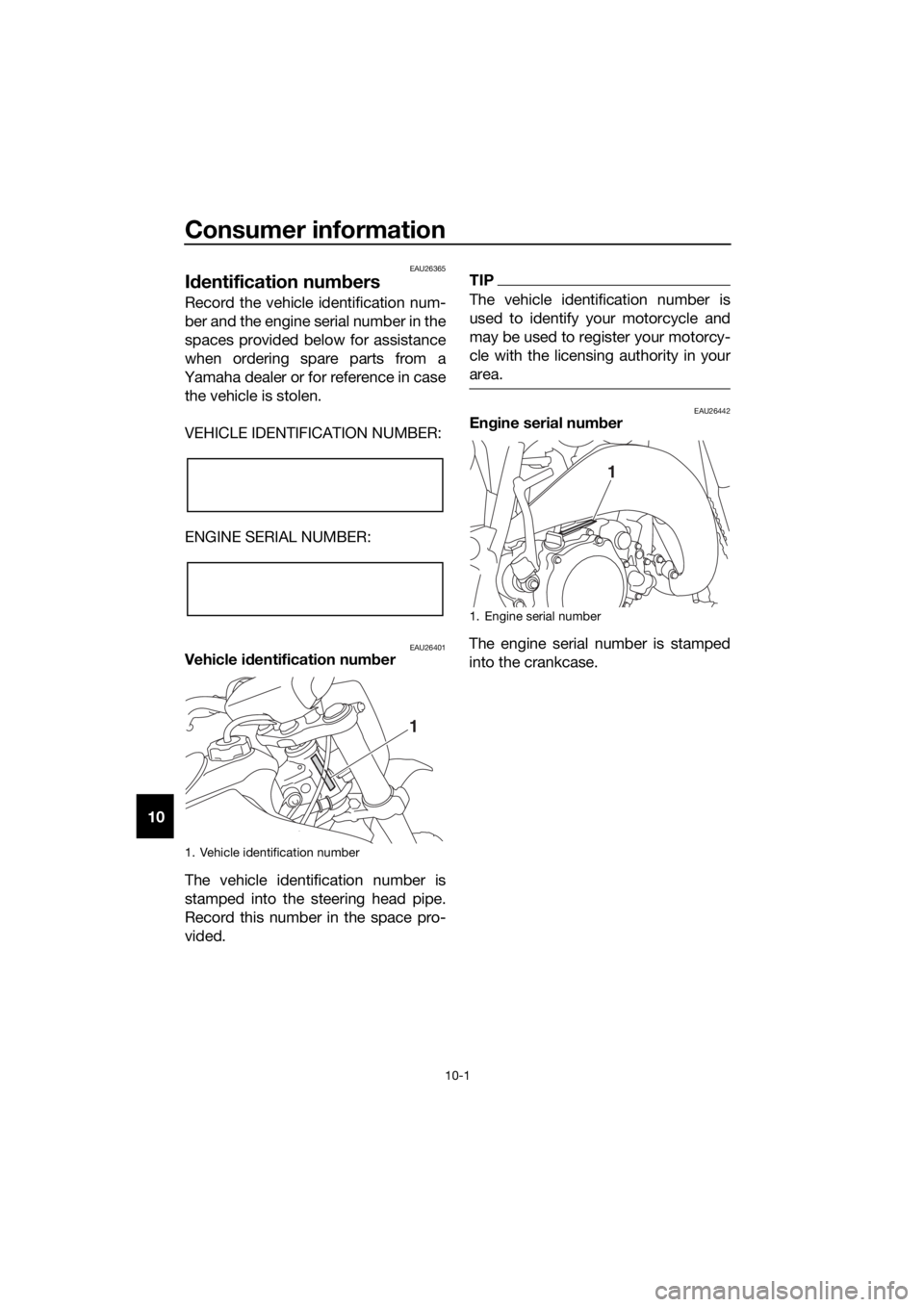 YAMAHA YZ65 2018 Manual Online Consumer information
10-1
10
EAU26365
Id entification num bers
Record the vehicle identification num-
ber and the engine serial number in the
spaces provided below for assistance
when ordering spare p
