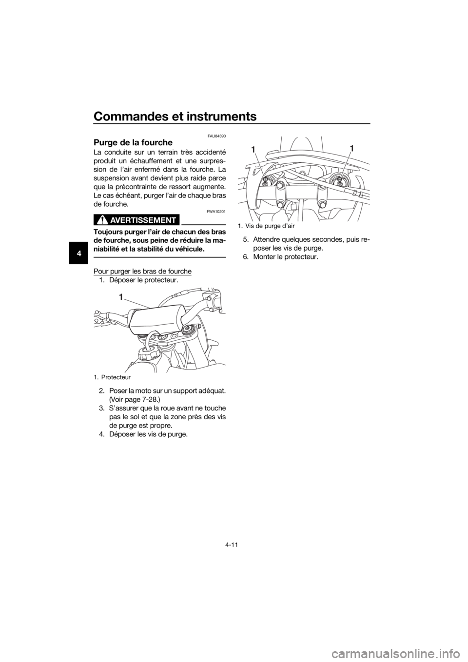 YAMAHA YZ65 2018 Notices Demploi (in French) Commandes et instruments
4-11
4
FAU84390
Purge de la fourche
La conduite sur un terrain très accidenté
produit un échauffement et une surpres-
sion de l’air enfermé dans la fourche. La
suspensi YAMAHA YZ65 2018 Notices Demploi (in French) Commandes et instruments
4-11
4
FAU84390
Purge de la fourche
La conduite sur un terrain très accidenté
produit un échauffement et une surpres-
sion de l’air enfermé dans la fourche. La
suspensi