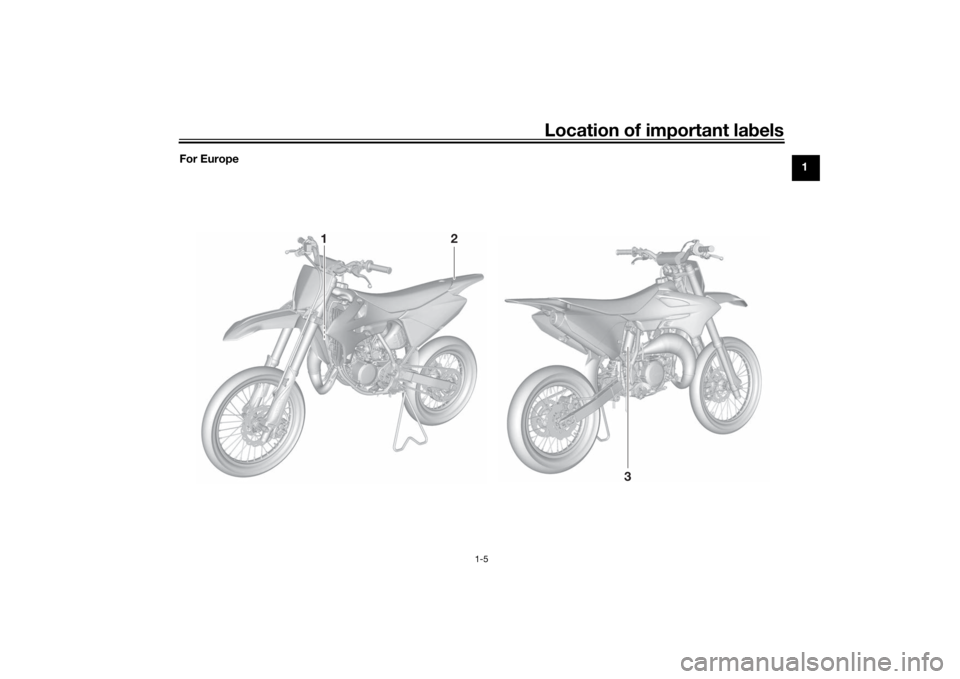 YAMAHA YZ85 2022 User Guide Location of important labels
1-5
1
For Europe
3
2
1
UB4B83E0.book  Page 5  Thursday, September 9, 2021  8:47 AM 