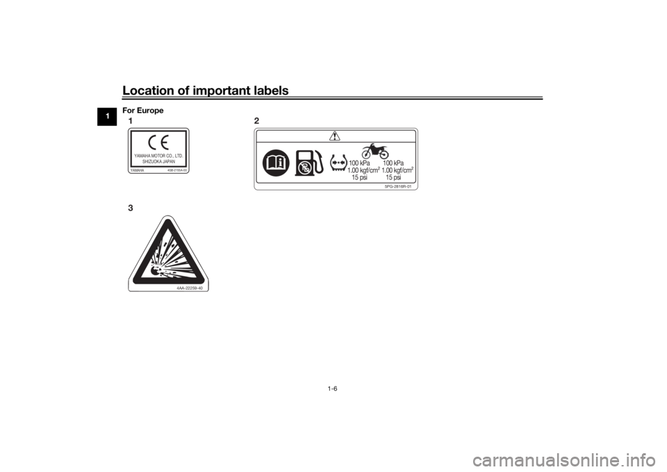 YAMAHA YZ85 2022 User Guide Location of important labels
1-6
1 For Europe
5PG-2816R-01
 100 kPa
1.00 kgf/cm²
   15 psi
 100 kPa
1.00 kgf/cm²
   15 psi
4AA-22259-40
YAMAHA MOTOR CO., LTD.
SHIZUOKA JAPANYAMAHA
4GB-2155A-00
3 12
