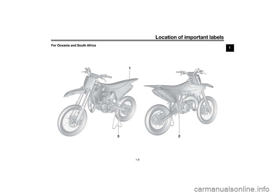 YAMAHA YZ85 2022 User Guide Location of important labels
1-9
1
For Oceania an
d South Africa
3
2
1
UB4B83E0.book  Page 9  Thursday, September 9, 2021  8:47 AM 