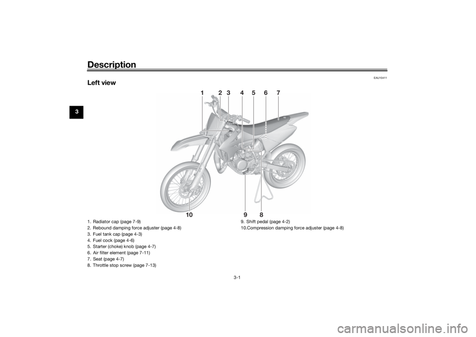 YAMAHA YZ85 2022 Owners Manual Description
3-1
3
EAU10411
Left view
10
9
8
3
24
1
5
6
7
1. Radiator cap (page 7-9)
2. Rebound damping force adjuster (page 4-8)
3. Fuel tank cap (page 4-3)
4. Fuel cock (page 4-6)
5. Starter (choke) YAMAHA YZ85 2022 Owners Manual Description
3-1
3
EAU10411
Left view
10
9
8
3
24
1
5
6
7
1. Radiator cap (page 7-9)
2. Rebound damping force adjuster (page 4-8)
3. Fuel tank cap (page 4-3)
4. Fuel cock (page 4-6)
5. Starter (choke)