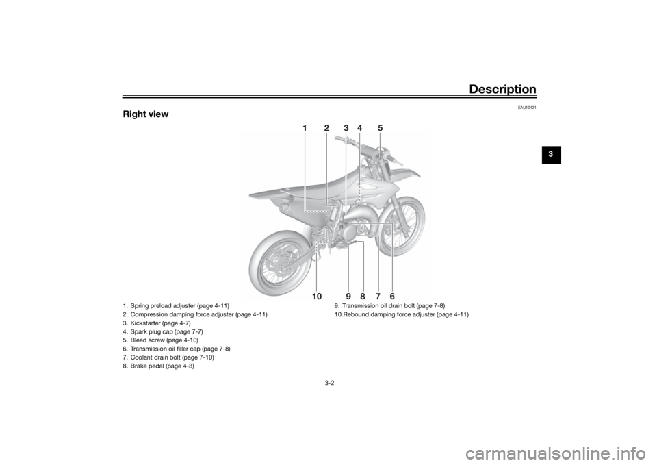 YAMAHA YZ85 2022 Owners Manual Description
3-2
3
EAU10421
Right view
10
8
79
6
21
3
4
5
1. Spring preload adjuster (page 4-11)
2. Compression damping force adjuster (page 4-11)
3. Kickstarter (page 4-7)
4. Spark plug cap (page 7-7) YAMAHA YZ85 2022 Owners Manual Description
3-2
3
EAU10421
Right view
10
8
79
6
21
3
4
5
1. Spring preload adjuster (page 4-11)
2. Compression damping force adjuster (page 4-11)
3. Kickstarter (page 4-7)
4. Spark plug cap (page 7-7)