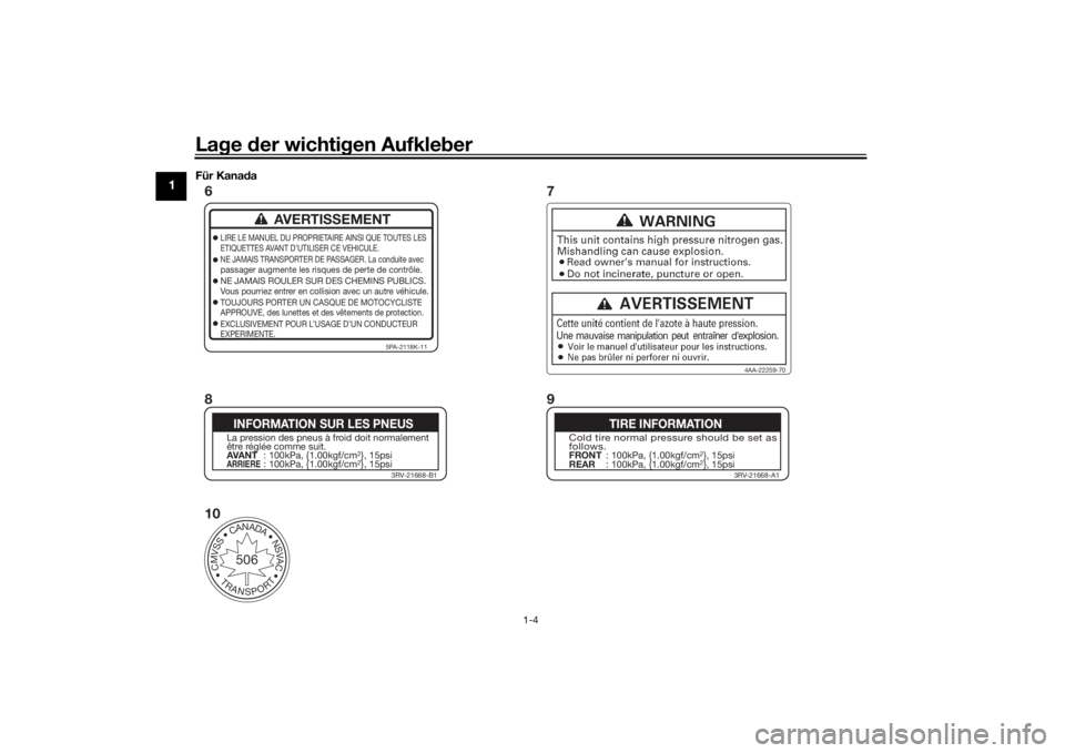 YAMAHA YZ85 2022  Betriebsanleitungen (in German) Lage  der wichti gen Aufkle ber
1-4
1
Für Kana da
AVERTISSEMENT
LIRE LE MANUEL DU PROPRIETAIRE AINSI QUE TOUTES LES
ETIQUETTES AVANT D’UTILISER CE VEHICULE.
NE JAMAIS TRANSPORTER DE PASSAGER. La co