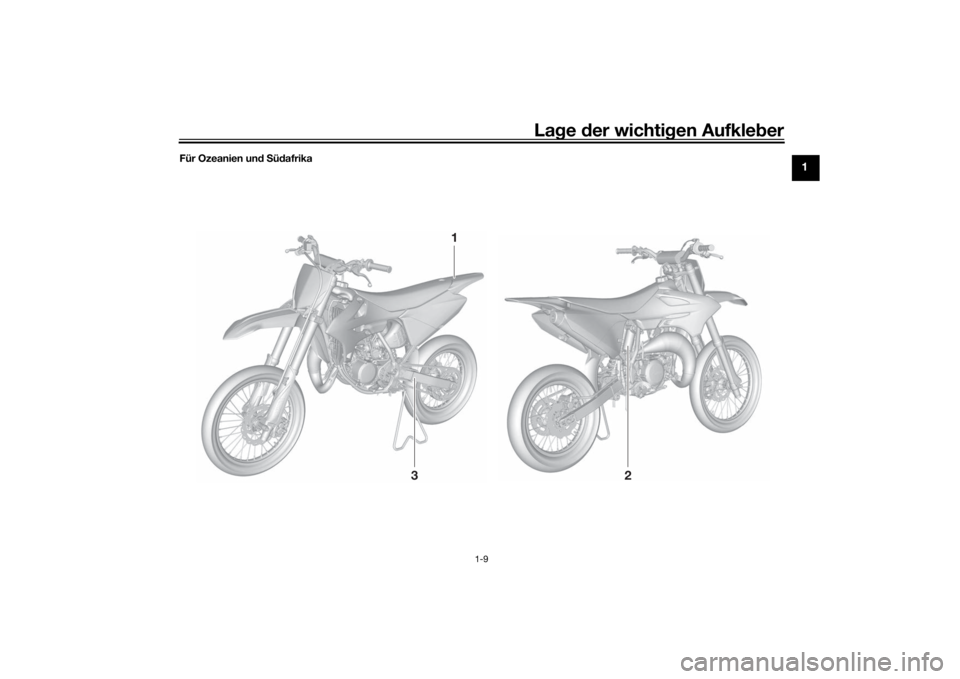 YAMAHA YZ85 2022  Betriebsanleitungen (in German) Lage  der wichti gen Aufkle ber
1-9
1
Für Ozeanien un d S üd afrika
3
2
1
UB4B83G0.book  Page 9  Tuesday, September 7, 2021  9:17 AM 