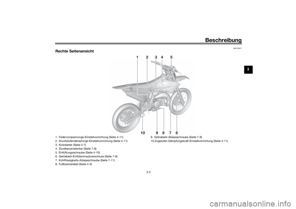 YAMAHA YZ85 2022 Betriebsanleitungen (in German) Beschreibung
3-2
3
GAU10421
Rechte Seitenansicht
10
8
79
6
21
3
4
5
1. Federvorspannungs-Einstellvorrichtung (Seite 4-11)
2. Druckstufendämpfungs-Einstellvorrichtung (Seite 4-11)
3. Kickstarter (Sei YAMAHA YZ85 2022 Betriebsanleitungen (in German) Beschreibung
3-2
3
GAU10421
Rechte Seitenansicht
10
8
79
6
21
3
4
5
1. Federvorspannungs-Einstellvorrichtung (Seite 4-11)
2. Druckstufendämpfungs-Einstellvorrichtung (Seite 4-11)
3. Kickstarter (Sei