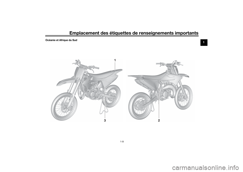 YAMAHA YZ85 2022  Notices Demploi (in French) Emplacement des étiquettes  de renseignements importants
1-9
1
Océanie et Afrique  du Su d
3
2
1
UB4B83F0.book  Page 9  Tuesday, September 7, 2021  8:56 AM 