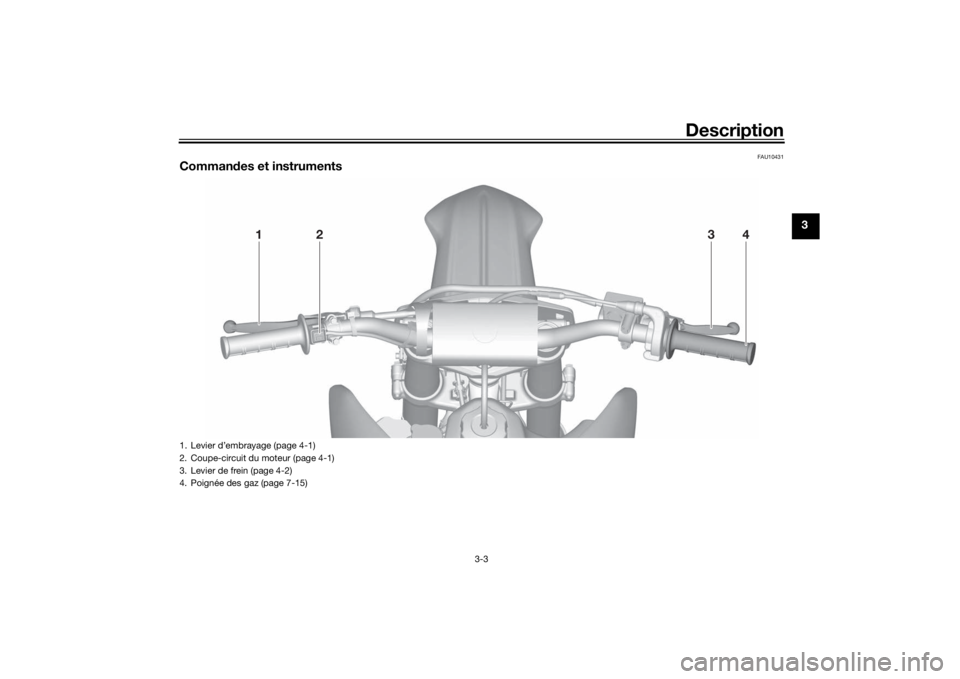 YAMAHA YZ85 2022 Notices Demploi (in French) Description
3-3
3
FAU10431
Commandes et instruments
1
2
4
3
1. Levier d’embrayage (page 4-1)
2. Coupe-circuit du moteur (page 4-1)
3. Levier de frein (page 4-2)
4. Poignée des gaz (page 7-15)
UB4B8 YAMAHA YZ85 2022 Notices Demploi (in French) Description
3-3
3
FAU10431
Commandes et instruments
1
2
4
3
1. Levier d’embrayage (page 4-1)
2. Coupe-circuit du moteur (page 4-1)
3. Levier de frein (page 4-2)
4. Poignée des gaz (page 7-15)
UB4B8