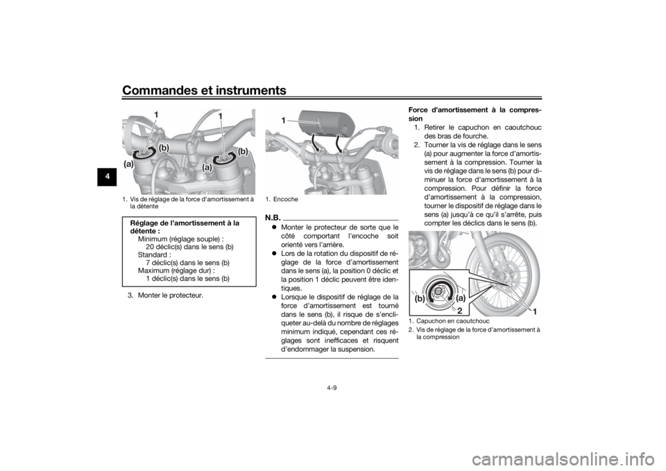 YAMAHA YZ85 2022 Notices Demploi (in French) Commandes et instruments
4-9
4
3. Monter le protecteur.
N.B. Monter le protecteur de sorte que le
côté comportant l’encoche soit
orienté vers l’arrière.
Lors de la rotation du dispositi YAMAHA YZ85 2022 Notices Demploi (in French) Commandes et instruments
4-9
4
3. Monter le protecteur.
N.B. Monter le protecteur de sorte que le
côté comportant l’encoche soit
orienté vers l’arrière.
Lors de la rotation du dispositi