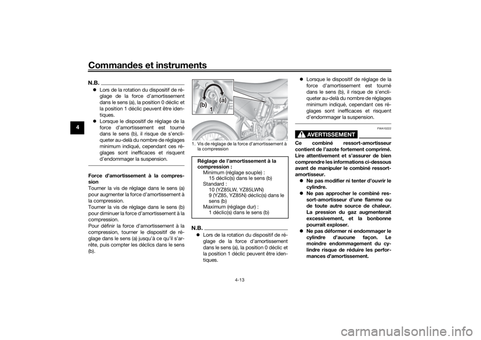 YAMAHA YZ85 2022 Notices Demploi (in French) Commandes et instruments
4-13
4
N.B. Lors de la rotation du dispositif de ré-
glage de la force d’amortissement
dans le sens (a), la position 0 déclic et
la position 1 déclic peuvent être ide YAMAHA YZ85 2022 Notices Demploi (in French) Commandes et instruments
4-13
4
N.B. Lors de la rotation du dispositif de ré-
glage de la force d’amortissement
dans le sens (a), la position 0 déclic et
la position 1 déclic peuvent être ide