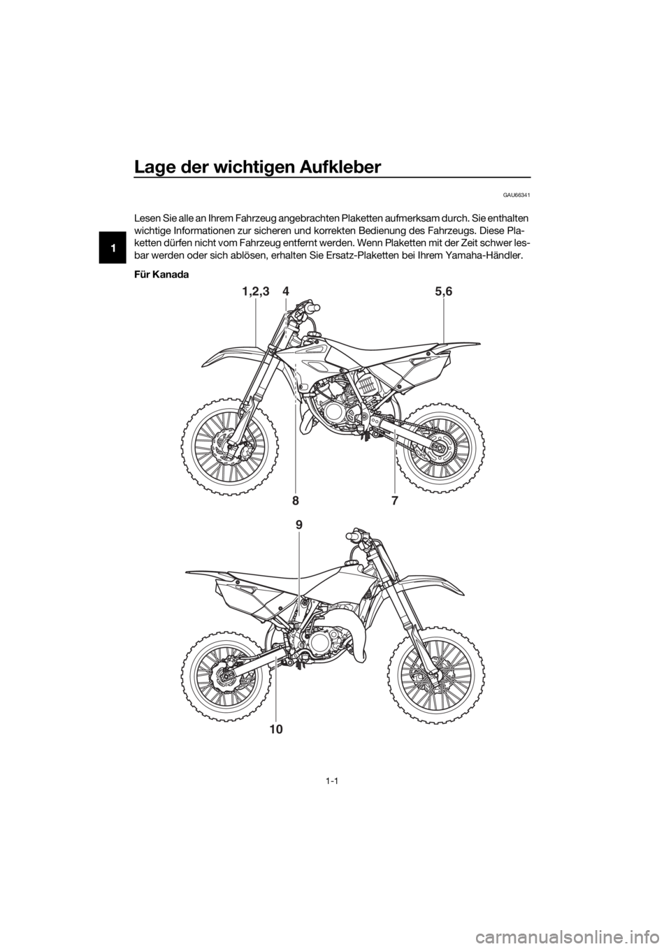 YAMAHA YZ85 2021 Betriebsanleitungen (in German) Lage der wichti gen Aufkle ber
1-1
1
GAU66341
Lesen Sie alle an Ihrem Fahrzeug angebrachten Plaketten aufmerksam durch. Sie enthalten
wichtige Informationen zur sicheren und korrekten Bedienung des YAMAHA YZ85 2021 Betriebsanleitungen (in German) Lage der wichti gen Aufkle ber
1-1
1
GAU66341
Lesen Sie alle an Ihrem Fahrzeug angebrachten Plaketten aufmerksam durch. Sie enthalten
wichtige Informationen zur sicheren und korrekten Bedienung des