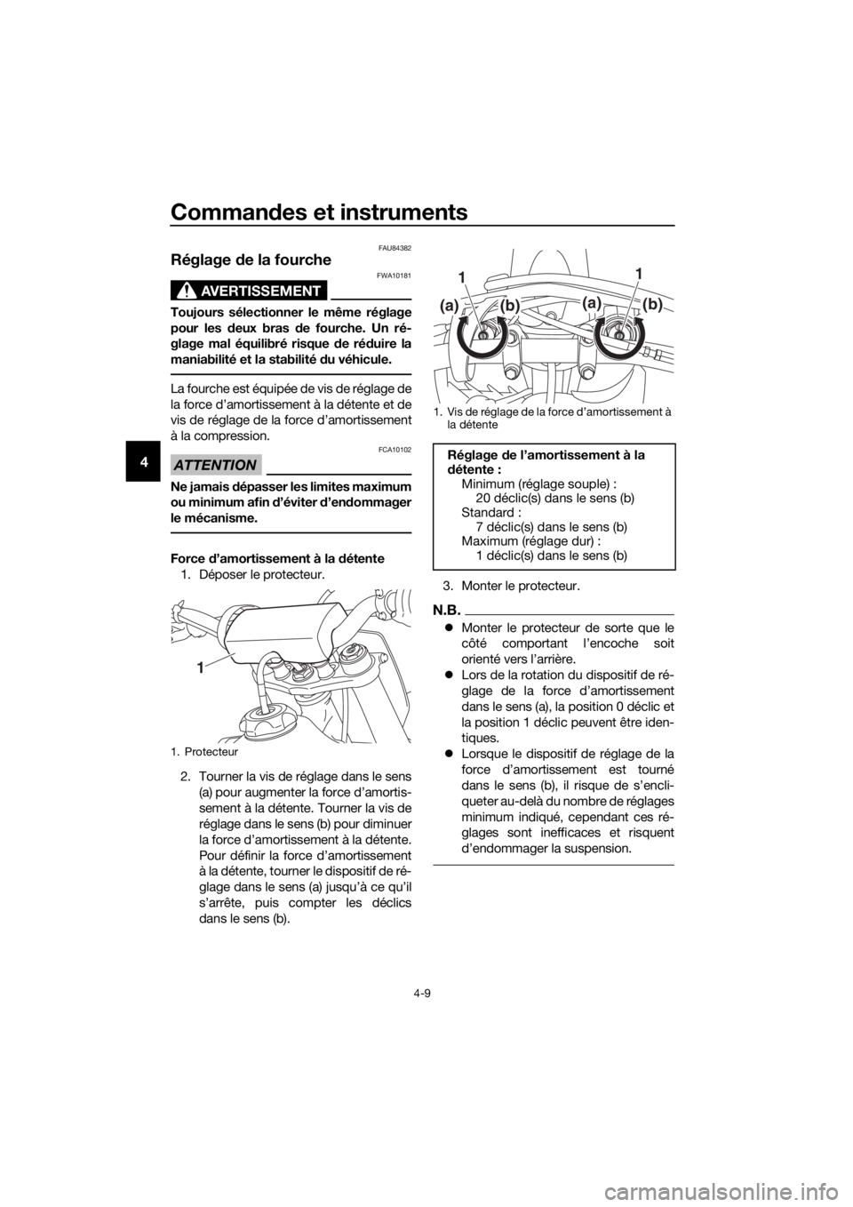 YAMAHA YZ85 2021 Notices Demploi (in French) Commandes et instruments
4-9
4
FAU84382
Réglage de la fourche
AVERTISSEMENT
FWA10181
Toujours sélectionner le même réglage
pour les d eux bras d e fourche. Un ré-
glage mal équilibré risque d YAMAHA YZ85 2021 Notices Demploi (in French) Commandes et instruments
4-9
4
FAU84382
Réglage de la fourche
AVERTISSEMENT
FWA10181
Toujours sélectionner le même réglage
pour les d eux bras d e fourche. Un ré-
glage mal équilibré risque d