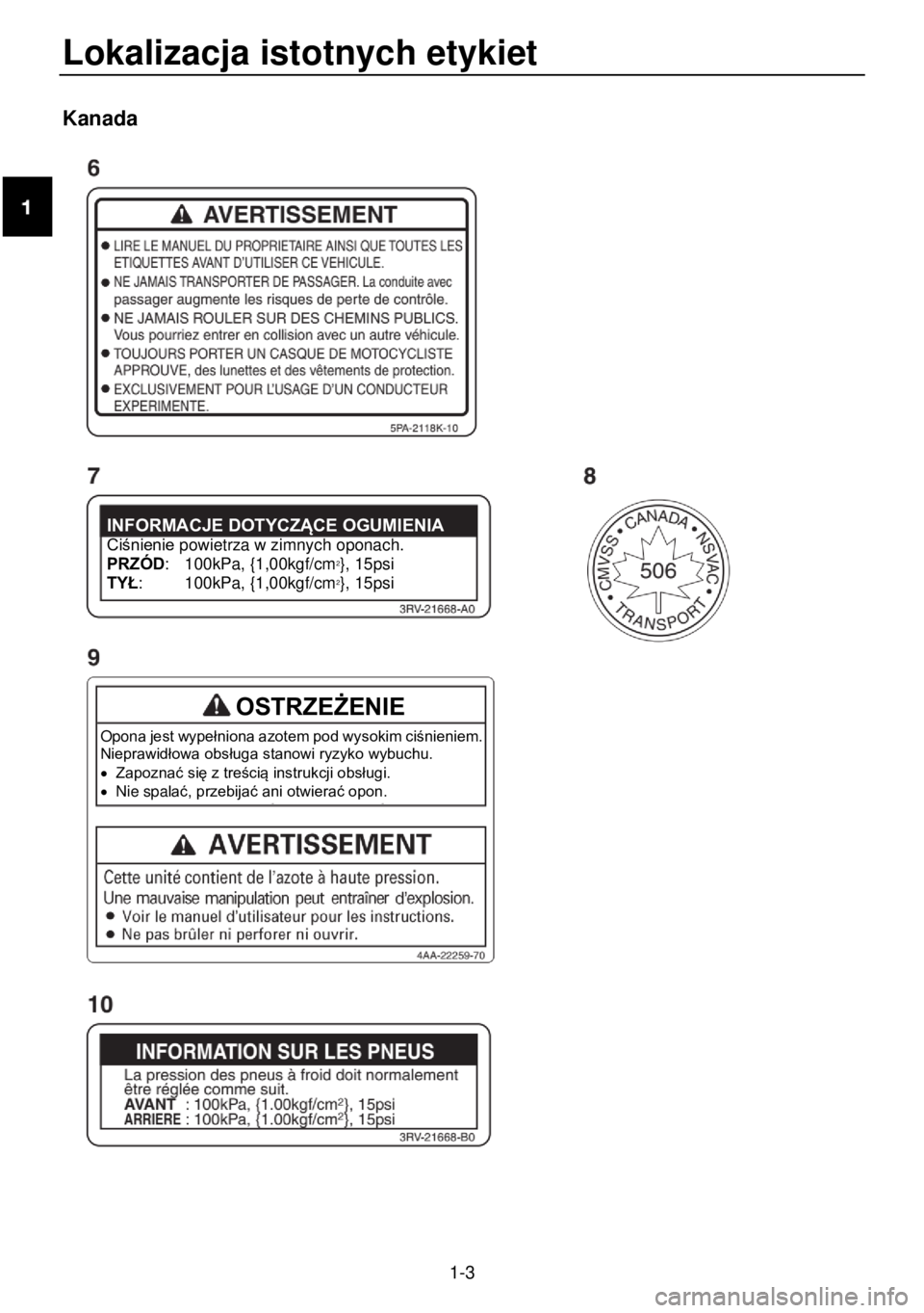 YAMAHA YZ85 2021 Instrukcja obsługi (in Polish) Lokalizacja istotnych etykiet
1-3
Kanada
INFORMACJE DOTYCZĄCE OGUMIENIA Ciśnienie powietrza w zimnych oponach. PRZÓD: 100kPa, {1,00kgf/cm2}, 15psi TYŁ: 100kPa, {1,00kgf/cm2}, 15psi YAMAHA YZ85 2021 Instrukcja obsługi (in Polish) Lokalizacja istotnych etykiet
1-3
Kanada
INFORMACJE DOTYCZĄCE OGUMIENIA Ciśnienie powietrza w zimnych oponach. PRZÓD: 100kPa, {1,00kgf/cm2}, 15psi TYŁ: 100kPa, {1,00kgf/cm2}, 15psi