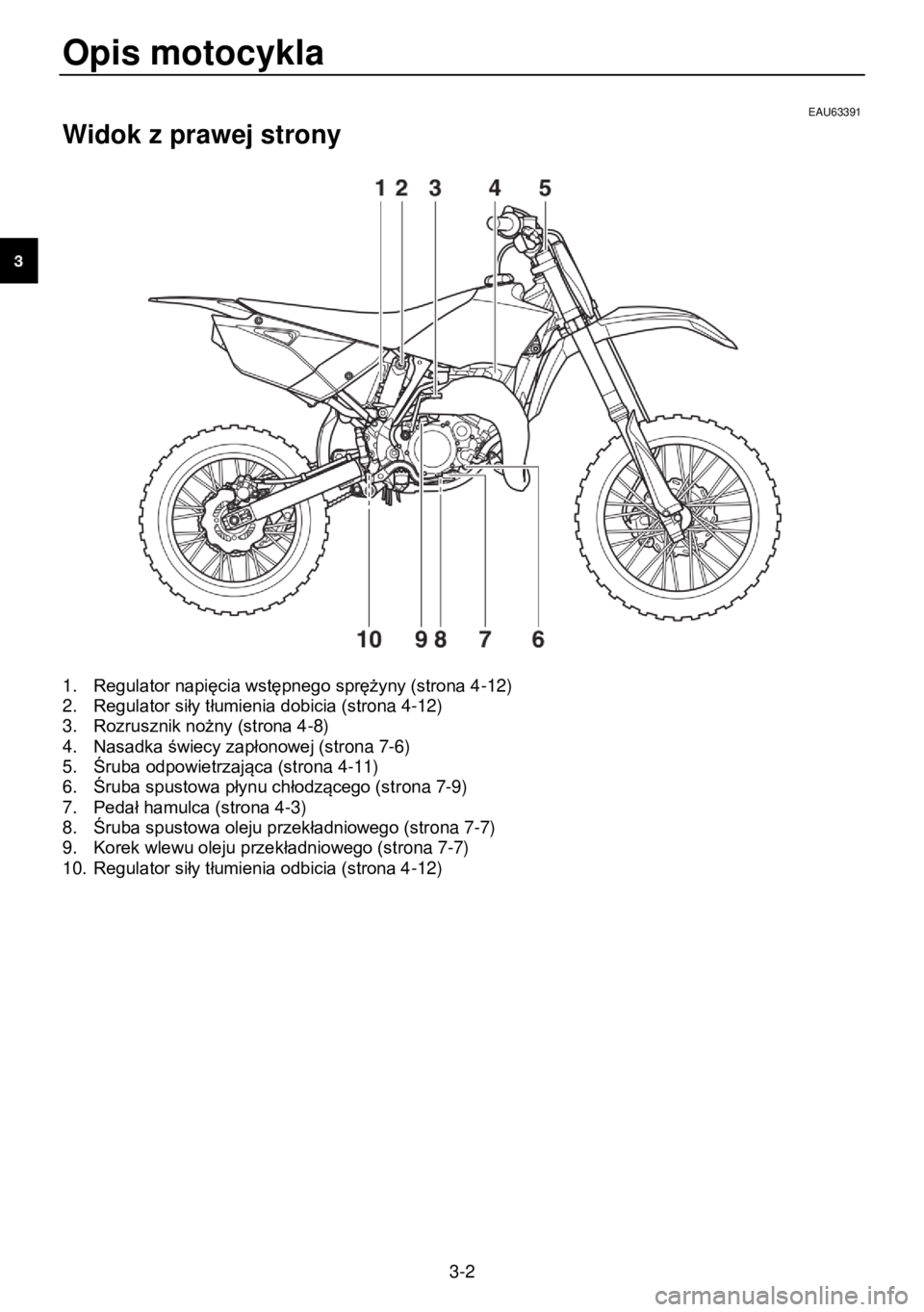 YAMAHA YZ85 2021 Instrukcja obsługi (in Polish) Opis motocykla
3-2
EAU63391
Widok z prawej strony
1. Regulator napięcia wstępnego sprężyny (strona 4-12) 2. Regulator siły tłumienia dobicia (strona 4-12) 3. Rozrusznik nożny (strona 4 YAMAHA YZ85 2021 Instrukcja obsługi (in Polish) Opis motocykla
3-2
EAU63391
Widok z prawej strony
1. Regulator napięcia wstępnego sprężyny (strona 4-12) 2. Regulator siły tłumienia dobicia (strona 4-12) 3. Rozrusznik nożny (strona 4