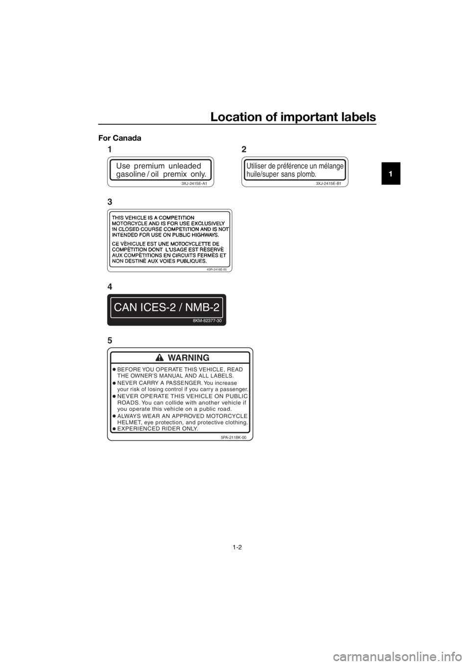 YAMAHA YZ85 2020 User Guide Location of important labels
1-2
1
For Cana
da
Use premium unleaded
gasoline / oil premix only.
3XJ-2415E-A1
Utiliser de préférence un mélange
huile/super sans plomb.
3XJ-2415E-B1
4SR-2416E-00 YAMAHA YZ85 2020 User Guide Location of important labels
1-2
1
For Cana
da
Use premium unleaded
gasoline / oil premix only.
3XJ-2415E-A1
Utiliser de préférence un mélange
huile/super sans plomb.
3XJ-2415E-B1
4SR-2416E-00