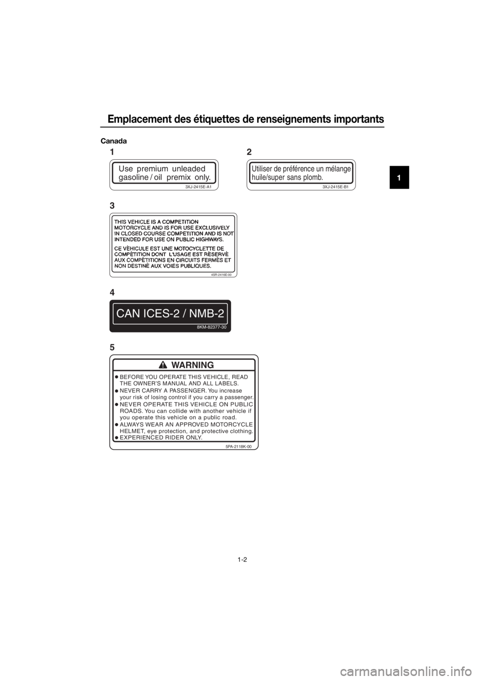 YAMAHA YZ85 2020  Notices Demploi (in French) Emplacement des étiquettes  de renseignements importants
1-2
1
Cana da
Use premium unleaded
gasoline /  oil    premix  only.
3XJ-2415E-A1
Utiliser de préférence un mélange
huile/super sans plomb.
