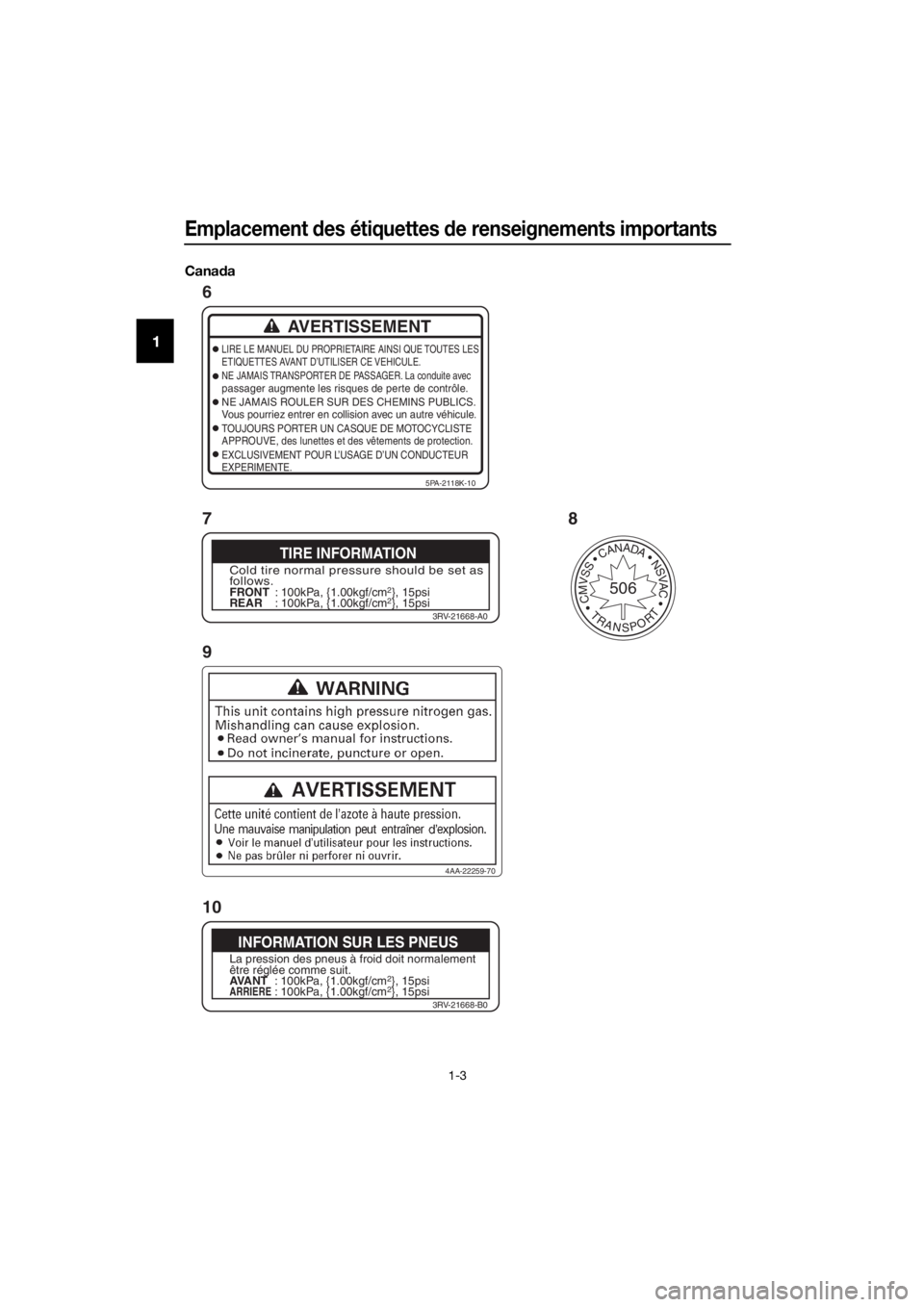 YAMAHA YZ85 2020  Notices Demploi (in French) Emplacement des étiquettes  de renseignements importants
1-3
1
Cana da
AVERTISSEMENT
LIRE LE MANUEL DU PROPRIETAIRE AINSI QUE TOUTES LES
ETIQUETTES AVANT D’UTILISER CE VEHICULE.
NE JAMAIS TRANSPORT