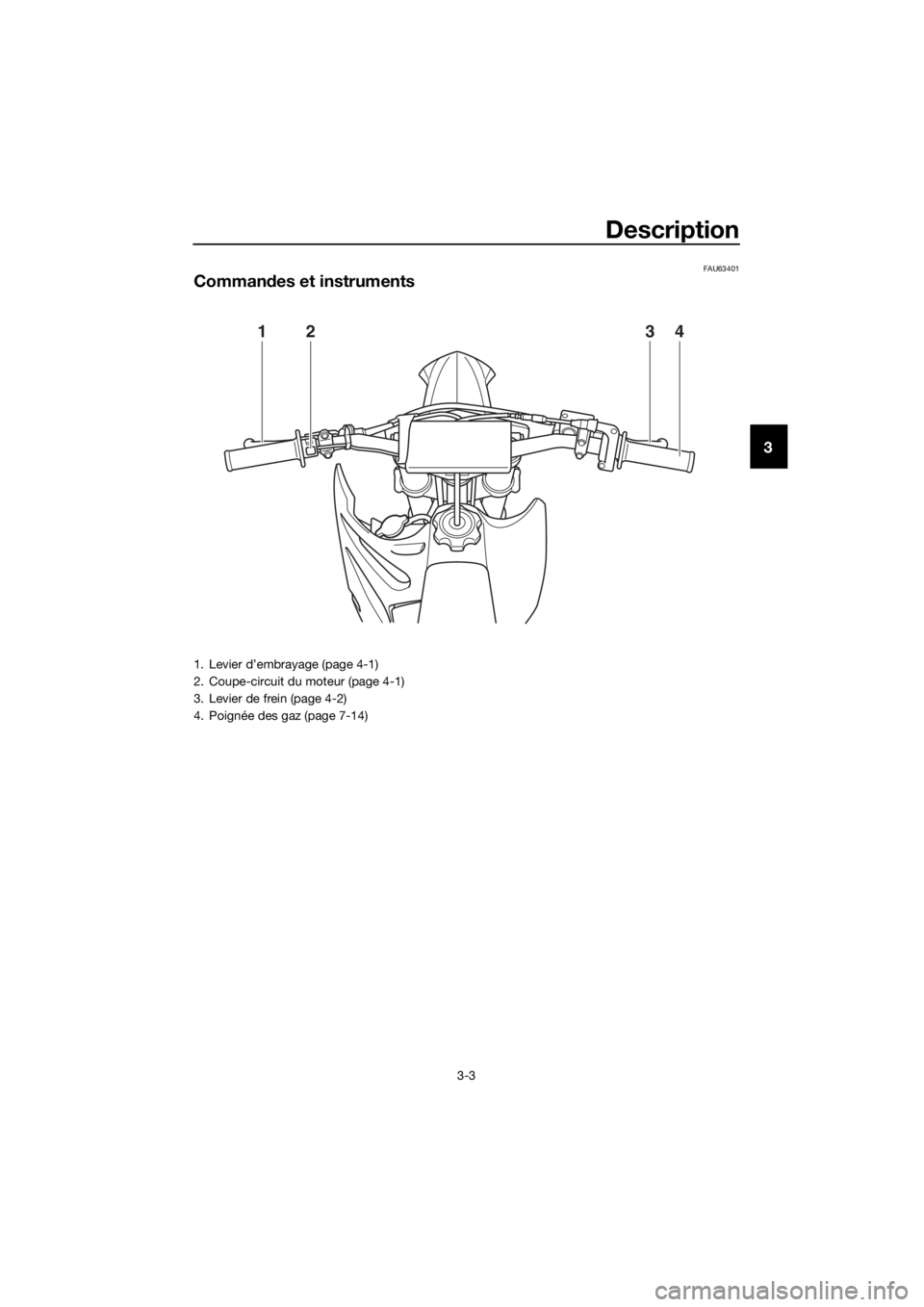 YAMAHA YZ85 2020  Notices Demploi (in French) Description
3-3
3
FAU63401
Commandes et instruments
1324
1. Levier d’embrayage (page 4-1)
2. Coupe-circuit du moteur (page 4-1)
3. Levier de frein (page 4-2)
4. Poignée des gaz (page 7-14)
UB4B81F0