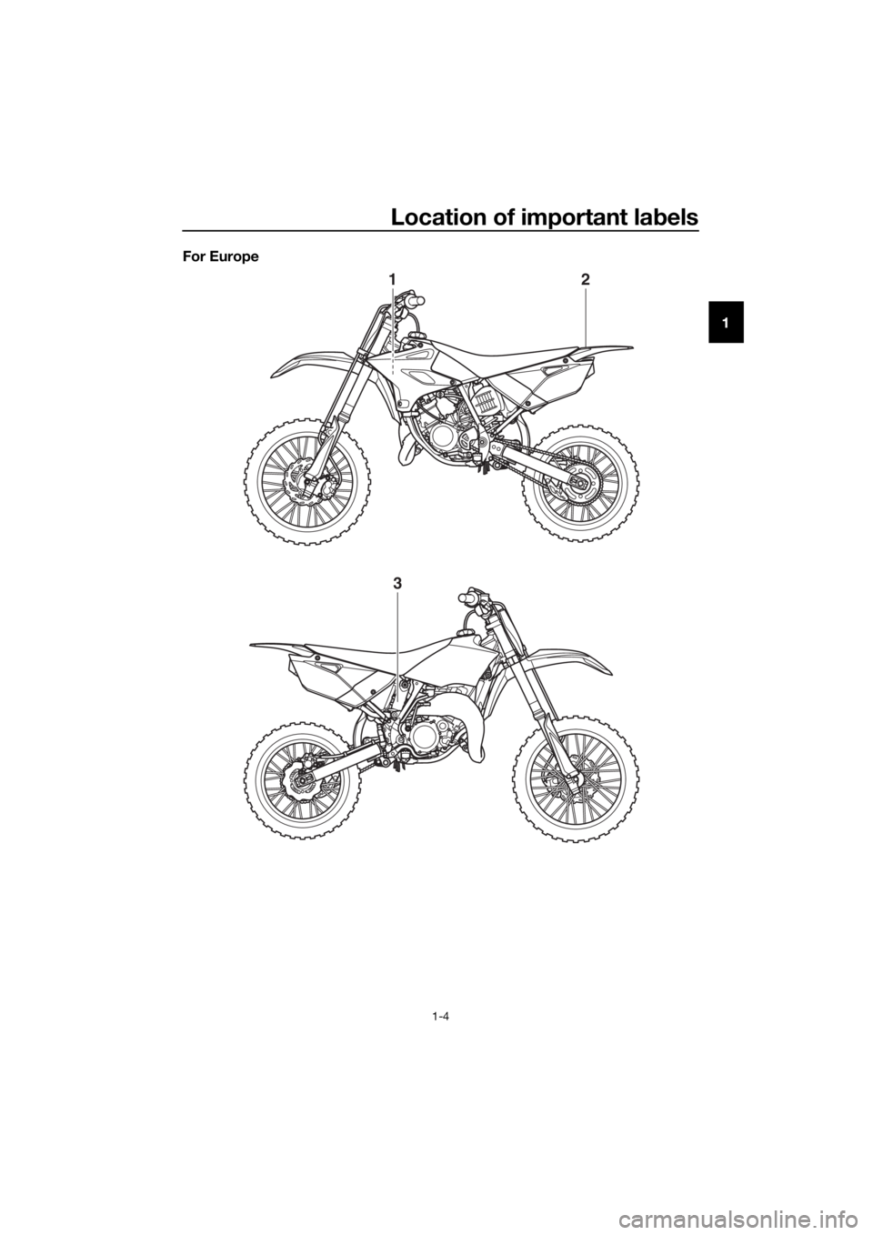 YAMAHA YZ85 2019 User Guide Location of important labels
1-4
1
For Europe
12
3
UB4B80E0.book  Page 4  Tuesday, March 27, 2018  1:39 PM 