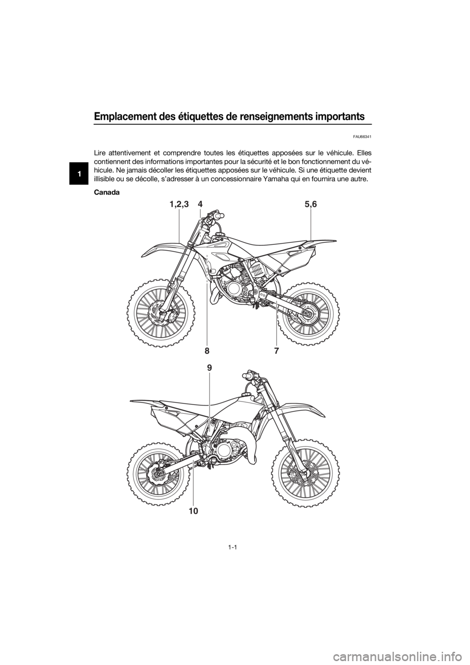 YAMAHA YZ85 2019  Notices Demploi (in French) Emplacement des étiquettes  de renseignements importants
1-1
1
FAU66341
Lire attentivement et comprendre toutes les étiquettes apposées sur le véhicule. Elles
contiennent des informations importan