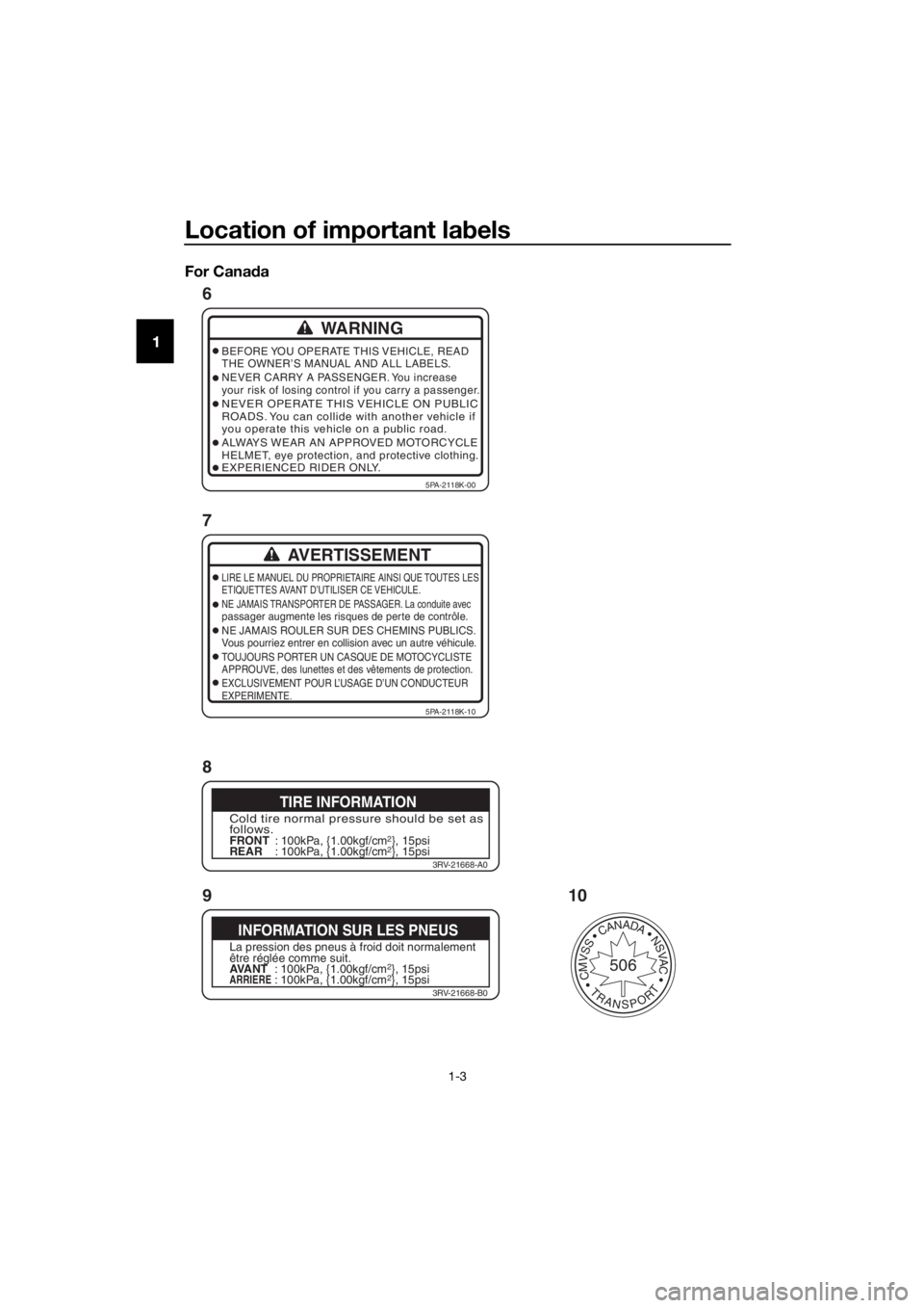 YAMAHA YZ85 2018 User Guide Location of important labels
1-3
1 For Cana
daWARNING
BEFORE YOU  OPERATE THIS VEHICLE,  READ
THE OWNER’S MANUAL AND ALL LABELS.
NEVER CARRY A PASSENGER. You increase
your risk of losing control if 