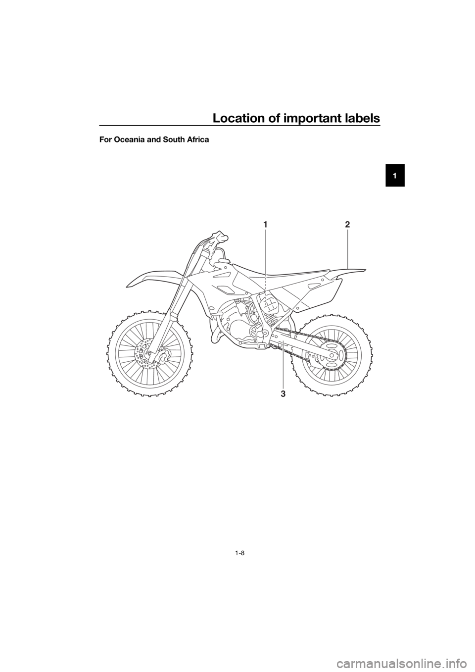 YAMAHA YZ85 2018 User Guide Location of important labels
1-8
1
For Oceania an
d South Africa
3
12
U1SN86E0.book  Page 8  Wednesday, June 7, 2017  10:21 AM 