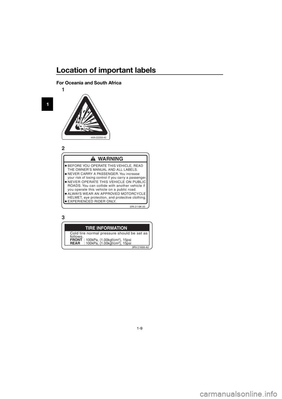 YAMAHA YZ85 2018 User Guide Location of important labels
1-9
1 For Oceania an
d South Africa
4AA-22259-40
WARNING
BEFORE YOU  OPERATE THIS VEHICLE,  READ
THE OWNER’S MANUAL AND ALL LABELS.
NEVER CARRY A PASSENGER. You increase