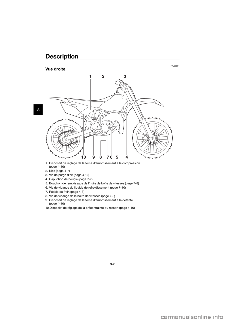 YAMAHA YZ85 2018  Notices Demploi (in French) Description
3-2
3
FAU63391
Vue droite
1
7
6894105
23
1. Dispositif de réglage de la force d’amortissement à la compression 
(page 4-10)
2. Kick (page 4-7)
3. Vis de purge d’air (page 4-10)
4. Ca