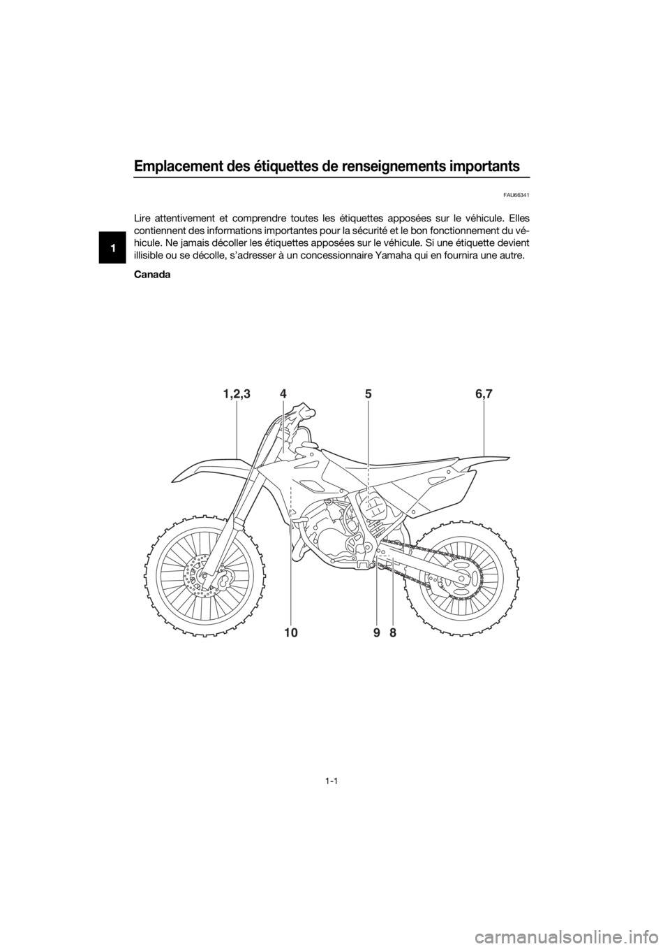 YAMAHA YZ85 2018  Notices Demploi (in French) Emplacement des étiquettes  de renseignements importants
1-1
1
FAU66341
Lire attentivement et comprendre toutes les étiquettes apposées sur le véhicule. Elles
contiennent des informations importan