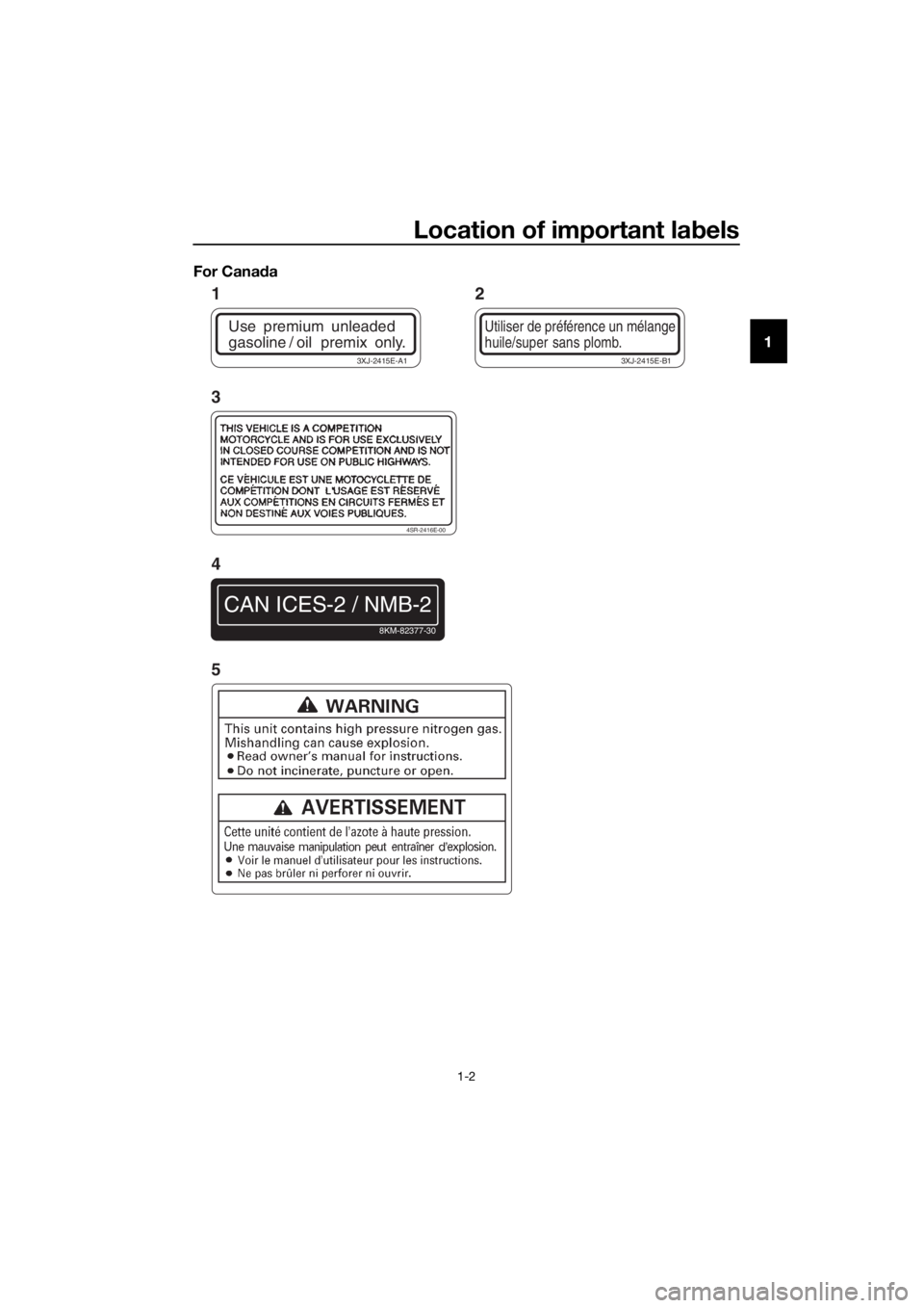 YAMAHA YZ85 2017 User Guide Location of important labels
1-2
1
For Cana
da
Use premium unleaded
gasoline / oil premix only.
3XJ-2415E-A1
Utiliser de préférence un mélange
huile/super sans plomb.
3XJ-2415E-B1
4SR-2416E-00 YAMAHA YZ85 2017 User Guide Location of important labels
1-2
1
For Cana
da
Use premium unleaded
gasoline / oil premix only.
3XJ-2415E-A1
Utiliser de préférence un mélange
huile/super sans plomb.
3XJ-2415E-B1
4SR-2416E-00