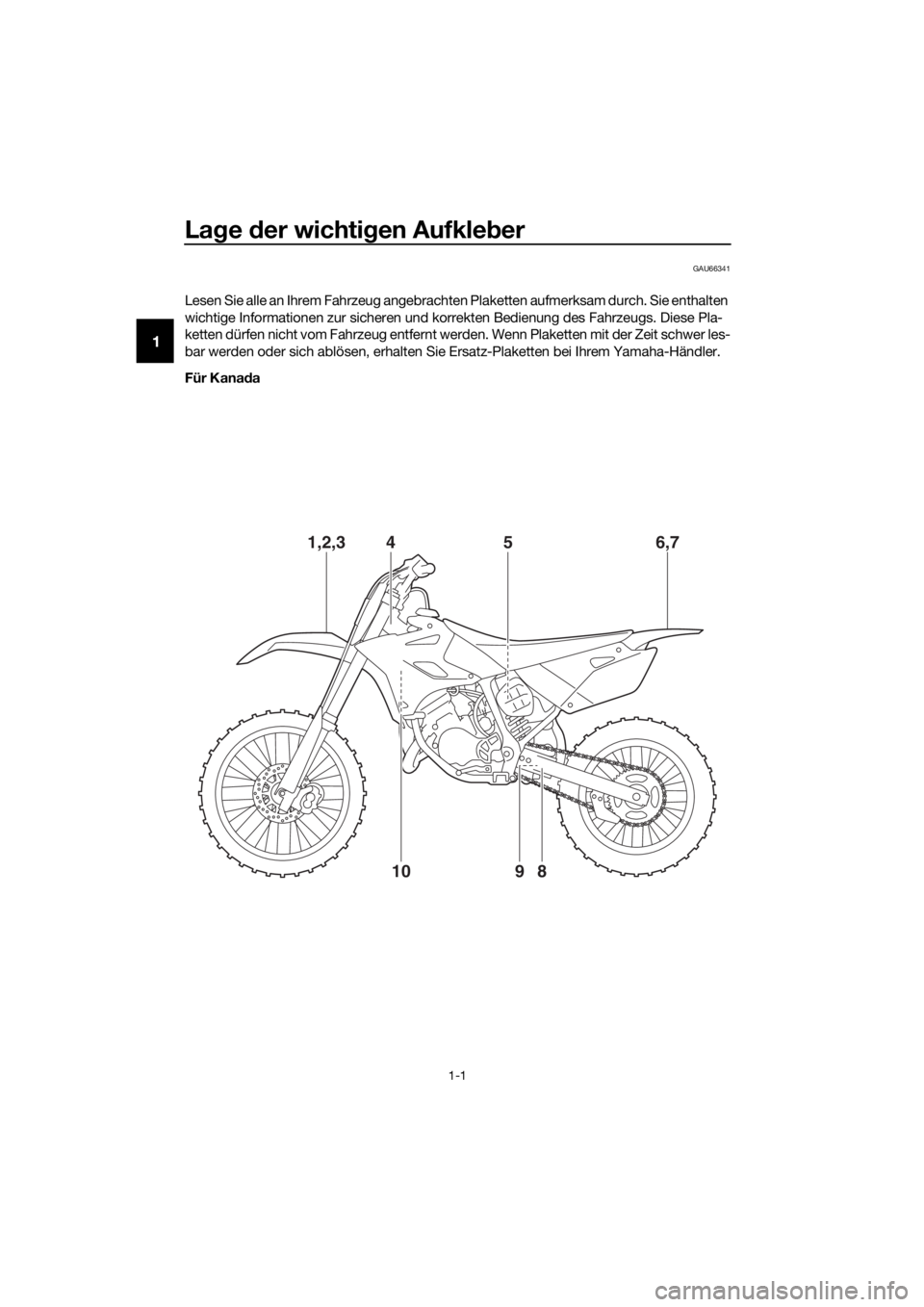 YAMAHA YZ85 2017 Betriebsanleitungen (in German) Lage der wichti gen Aufkle ber
1-1
1
GAU66341
Lesen Sie alle an Ihrem Fahrzeug angebrachten Plaketten aufmerksam durch. Sie enthalten
wichtige Informationen zur sicheren und korrekten Bedienung des YAMAHA YZ85 2017 Betriebsanleitungen (in German) Lage der wichti gen Aufkle ber
1-1
1
GAU66341
Lesen Sie alle an Ihrem Fahrzeug angebrachten Plaketten aufmerksam durch. Sie enthalten
wichtige Informationen zur sicheren und korrekten Bedienung des