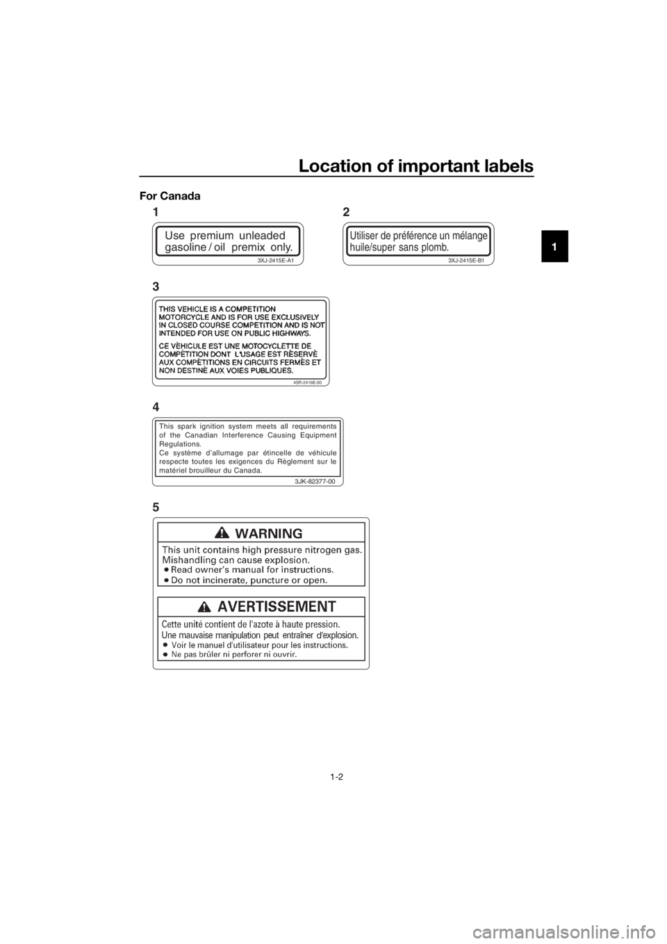 YAMAHA YZ85 2016 User Guide Location of important labels
1-2
1
For Cana
da
Use premium unleaded
gasoline / oil premix only.
3XJ-2415E-A1
Utiliser de préférence un mélange
huile/super sans plomb.
3XJ-2415E-B1
4SR-2416E-00 YAMAHA YZ85 2016 User Guide Location of important labels
1-2
1
For Cana
da
Use premium unleaded
gasoline / oil premix only.
3XJ-2415E-A1
Utiliser de préférence un mélange
huile/super sans plomb.
3XJ-2415E-B1
4SR-2416E-00