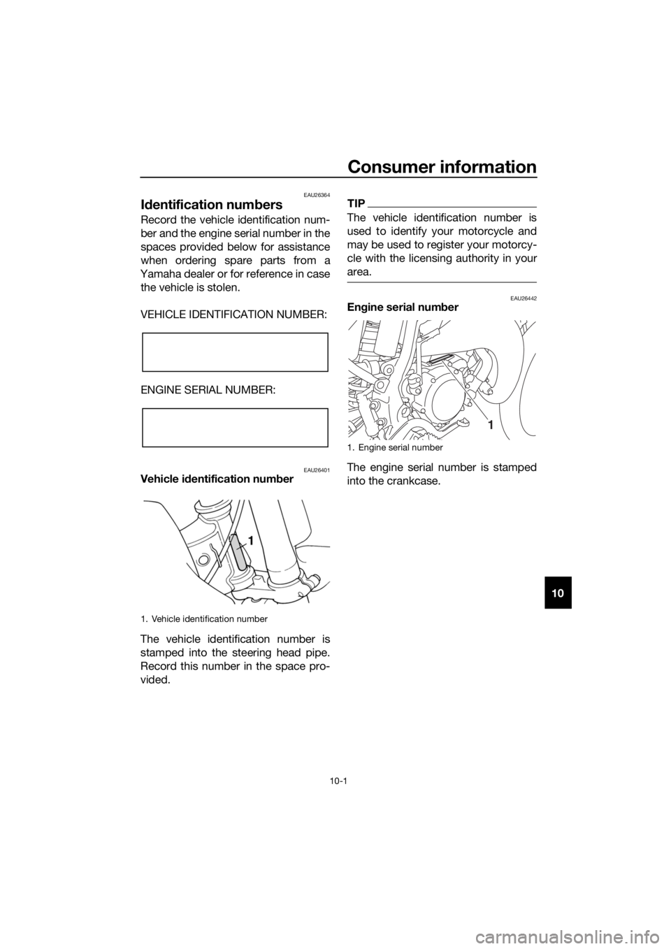 YAMAHA YZ85 2016 Manual Online Consumer information
10-1
10
EAU26364
Id entification num bers
Record the vehicle identification num-
ber and the engine serial number in the
spaces provided below for assistance
when ordering spare p