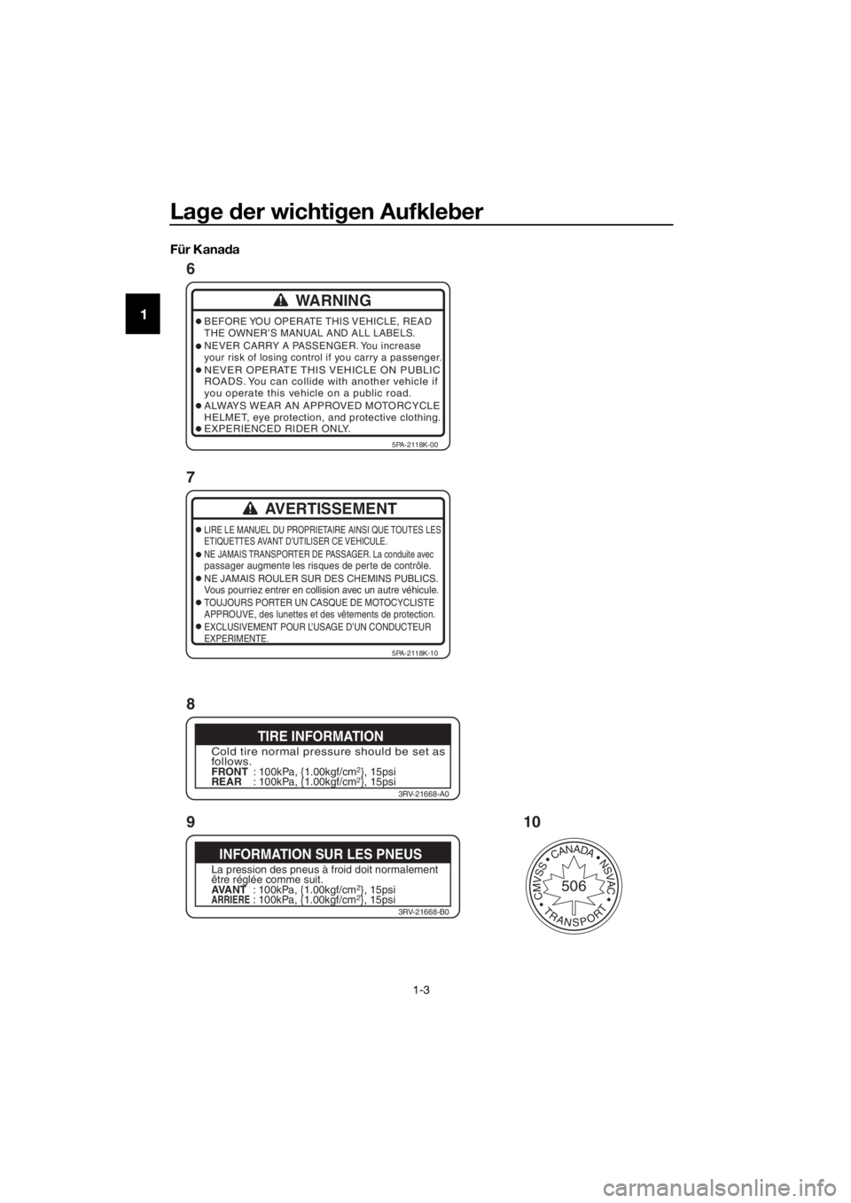 YAMAHA YZ85 2016 Betriebsanleitungen (in German) Lage der wichti gen Aufkle ber
1-3
1
Für Kana da
WARNING
BEFORE YOU OPERATE THIS VEHICLE, READ
THE OWNER’S MANUAL AND ALL LABELS.
NEVER CARRY A PASSENGER. You increase
your risk of losing contro YAMAHA YZ85 2016 Betriebsanleitungen (in German) Lage der wichti gen Aufkle ber
1-3
1
Für Kana da
WARNING
BEFORE YOU OPERATE THIS VEHICLE, READ
THE OWNER’S MANUAL AND ALL LABELS.
NEVER CARRY A PASSENGER. You increase
your risk of losing contro