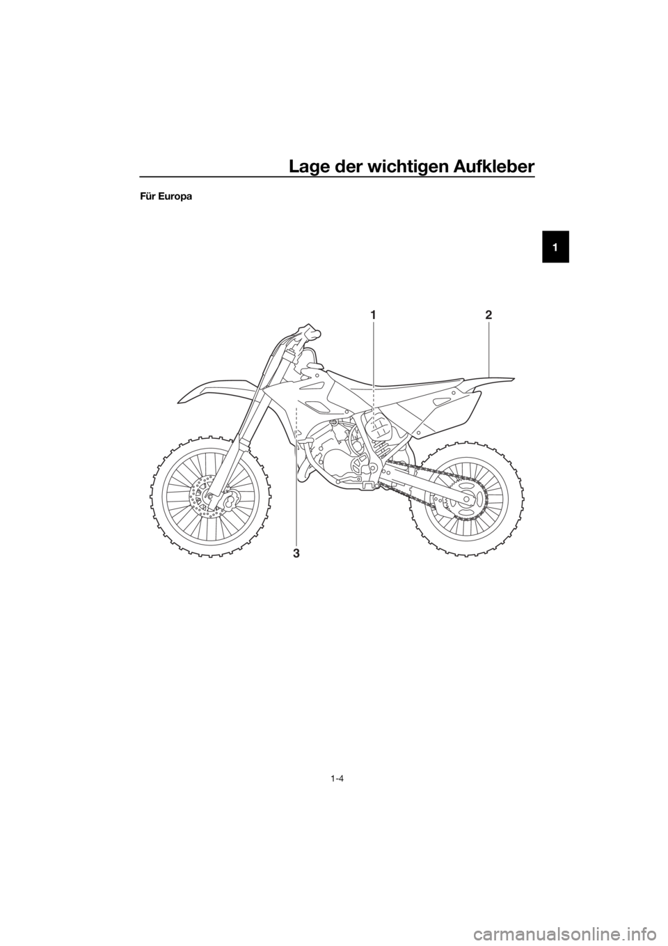 YAMAHA YZ85 2016 Betriebsanleitungen (in German) Lage der wichti gen Aufkle ber
1-4
1
Für Europa
3 12
U1SN84G0.book Page 4 Wednesday, June 10, 2015 10:27 AM YAMAHA YZ85 2016 Betriebsanleitungen (in German) Lage der wichti gen Aufkle ber
1-4
1
Für Europa
3 12
U1SN84G0.book Page 4 Wednesday, June 10, 2015 10:27 AM