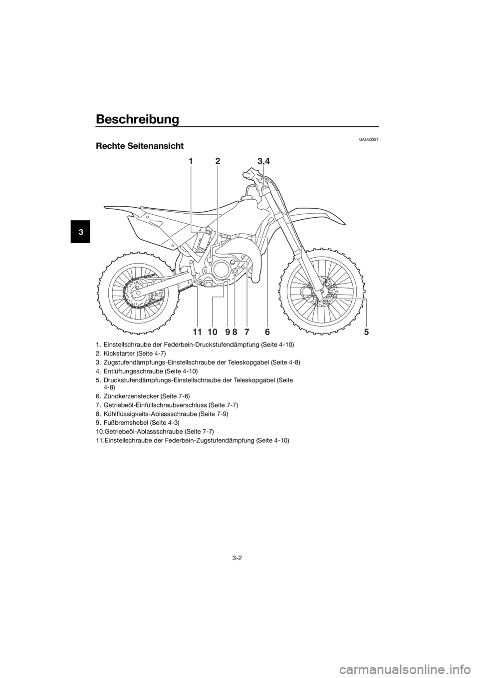 YAMAHA YZ85 2016 Betriebsanleitungen (in German) Beschreibung
3-2
3
GAU63391
Rechte Seitenansicht
1
9
81011675
2 3,4
1. Einstellschraube der Federbein-Druckstufendämpfung (Seite 4-10)
2. Kickstarter (Seite 4-7)
3. Zugstufendämpfungs-Einstellschra YAMAHA YZ85 2016 Betriebsanleitungen (in German) Beschreibung
3-2
3
GAU63391
Rechte Seitenansicht
1
9
81011675
2 3,4
1. Einstellschraube der Federbein-Druckstufendämpfung (Seite 4-10)
2. Kickstarter (Seite 4-7)
3. Zugstufendämpfungs-Einstellschra