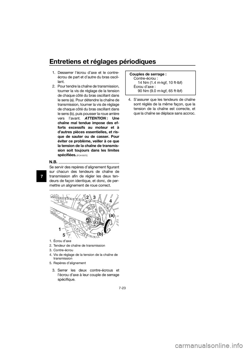YAMAHA YZ85 2016 Notices Demploi (in French) Entretiens et réglages périodiques
7-23
7
1. Desserrer l’écrou d’axe et le contre-
écrou de part et d’autre du bras oscil-
lant.
2. Pour tendre la chaîne de transmission, tourner la vis de YAMAHA YZ85 2016 Notices Demploi (in French) Entretiens et réglages périodiques
7-23
7
1. Desserrer l’écrou d’axe et le contre-
écrou de part et d’autre du bras oscil-
lant.
2. Pour tendre la chaîne de transmission, tourner la vis de