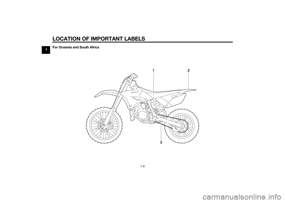 YAMAHA YZ85 2015 User Guide LOCATION OF IMPORTANT LABELS
1-8
1For Oceania an
d South Africa
3
12
U1SN83E0.book Page 8 Monday, September 8, 2014 2:36 PM YAMAHA YZ85 2015 User Guide LOCATION OF IMPORTANT LABELS
1-8
1For Oceania an
d South Africa
3
12
U1SN83E0.book Page 8 Monday, September 8, 2014 2:36 PM