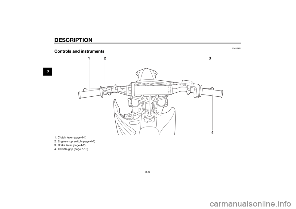 YAMAHA YZ85 2015 Owners Manual DESCRIPTION
3-3
3
EAU10431
Controls and instruments
4
13
2
1. Clutch lever (page 4-1)
2. Engine stop switch (page 4-1)
3. Brake lever (page 4-2)
4. Throttle grip (page 7-15)U1SN83E0.book Page 3 Mond YAMAHA YZ85 2015 Owners Manual DESCRIPTION
3-3
3
EAU10431
Controls and instruments
4
13
2
1. Clutch lever (page 4-1)
2. Engine stop switch (page 4-1)
3. Brake lever (page 4-2)
4. Throttle grip (page 7-15)U1SN83E0.book Page 3 Mond