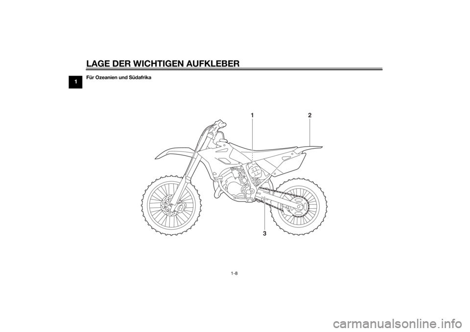 YAMAHA YZ85 2015 Betriebsanleitungen (in German) LAGE DER WICHTIGEN AUFKLEBER
1-8
1
Für Ozeanien und S üd afrika
3
12
U1SN83G0.book Page 8 Wedne
sday, September 3, 2014 2:15 PM YAMAHA YZ85 2015 Betriebsanleitungen (in German) LAGE DER WICHTIGEN AUFKLEBER
1-8
1
Für Ozeanien und S üd afrika
3
12
U1SN83G0.book Page 8 Wedne
sday, September 3, 2014 2:15 PM