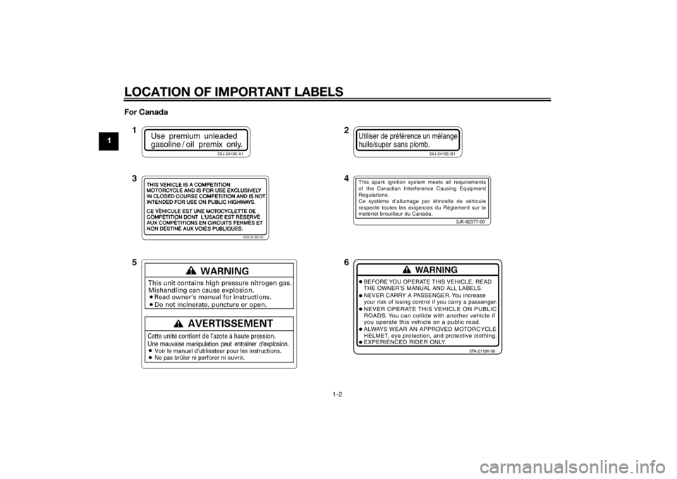 YAMAHA YZ85 2014 User Guide LOCATION OF IMPORTANT LABELS
1-2
1For Cana
da
Use premium unleaded
gasoline / oil premix only.
3XJ-2415E-A1
Utiliser de préférence un mélangehuile/super sans plomb.
3XJ-2415E-B1
4SR-2416E-00
3 YAMAHA YZ85 2014 User Guide LOCATION OF IMPORTANT LABELS
1-2
1For Cana
da
Use premium unleaded
gasoline / oil premix only.
3XJ-2415E-A1
Utiliser de préférence un mélangehuile/super sans plomb.
3XJ-2415E-B1
4SR-2416E-00
3