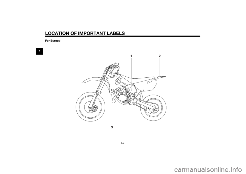 YAMAHA YZ85 2014 User Guide LOCATION OF IMPORTANT LABELS
1-4
1For Europe
1
2
3
U1SN82E0.book Page 4 Friday, June 7, 2013 3:51 PM YAMAHA YZ85 2014 User Guide LOCATION OF IMPORTANT LABELS
1-4
1For Europe
1
2
3
U1SN82E0.book Page 4 Friday, June 7, 2013 3:51 PM