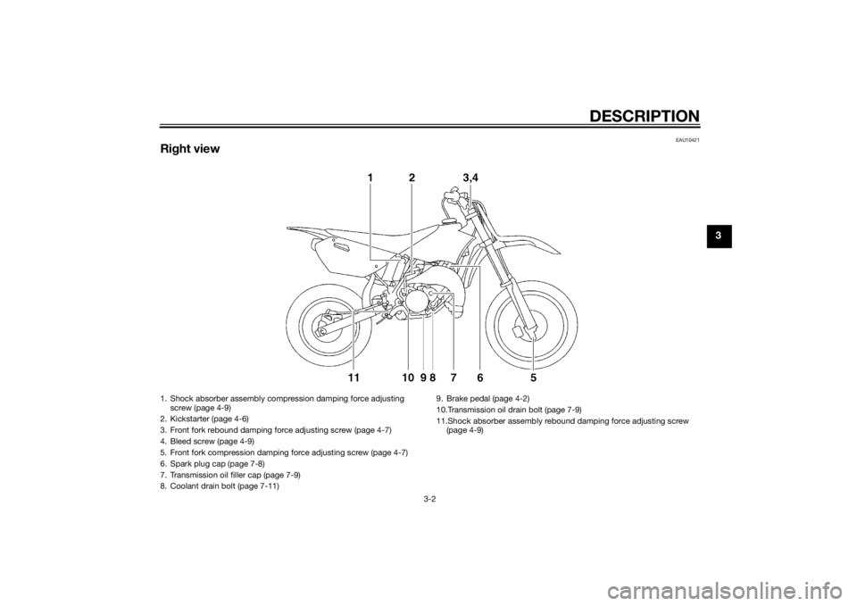 YAMAHA YZ85 2014 Owners Manual DESCRIPTION
3-2
3
EAU10421
Right view1. Shock absorber assembly compression damping force adjusting
screw (page 4-9)
2. Kickstarter (page 4-6)
3. Front fork rebound damping force adjusting screw (pag YAMAHA YZ85 2014 Owners Manual DESCRIPTION
3-2
3
EAU10421
Right view1. Shock absorber assembly compression damping force adjusting
screw (page 4-9)
2. Kickstarter (page 4-6)
3. Front fork rebound damping force adjusting screw (pag