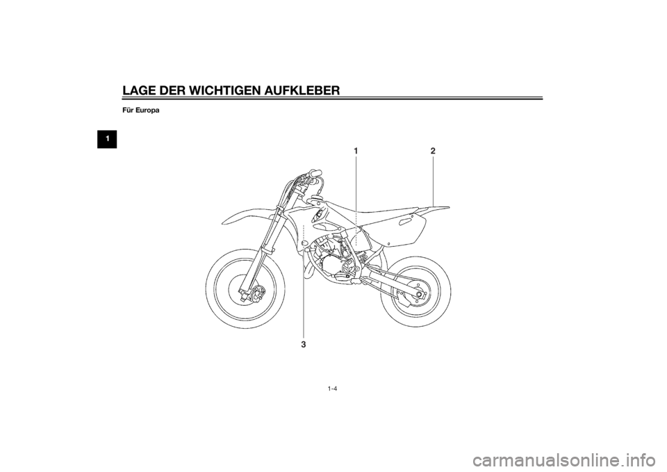 YAMAHA YZ85 2014 Betriebsanleitungen (in German) LAGE DER WICHTIGEN AUFKLEBER
1-4
1
Für Europa
1
2
3
U1SN82G0.book Page 4 Friday, June 7, 2013 5:03 PM YAMAHA YZ85 2014 Betriebsanleitungen (in German) LAGE DER WICHTIGEN AUFKLEBER
1-4
1
Für Europa
1
2
3
U1SN82G0.book Page 4 Friday, June 7, 2013 5:03 PM