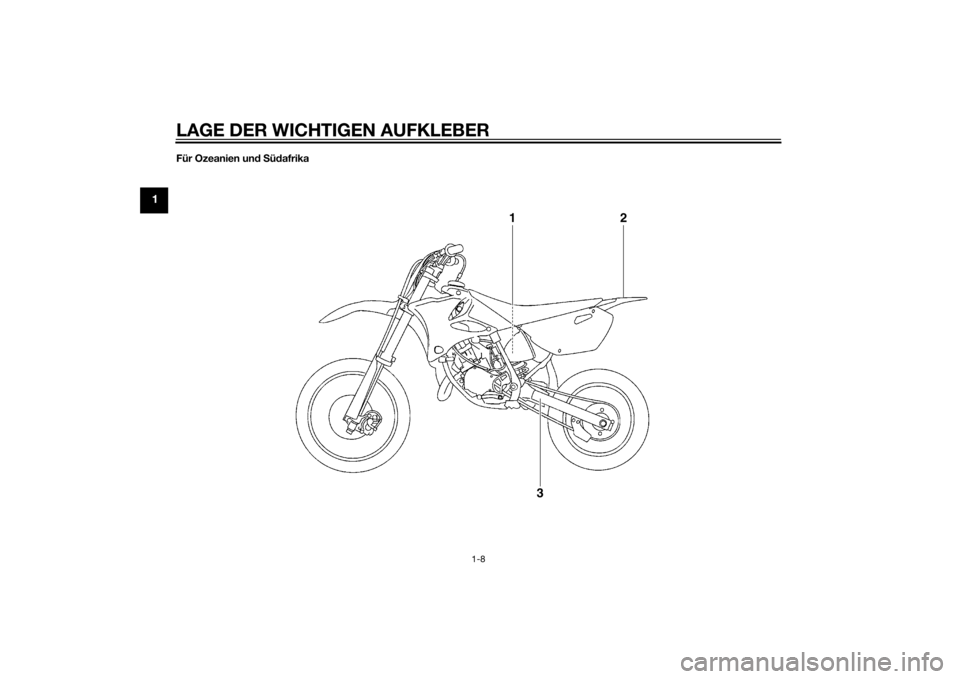 YAMAHA YZ85 2014 Betriebsanleitungen (in German) LAGE DER WICHTIGEN AUFKLEBER
1-8
1
Für Ozeanien und S üd afrika
1
2
3
U1SN82G0.book Page 8 Friday, June 7, 2013 5:03 PM YAMAHA YZ85 2014 Betriebsanleitungen (in German) LAGE DER WICHTIGEN AUFKLEBER
1-8
1
Für Ozeanien und S üd afrika
1
2
3
U1SN82G0.book Page 8 Friday, June 7, 2013 5:03 PM