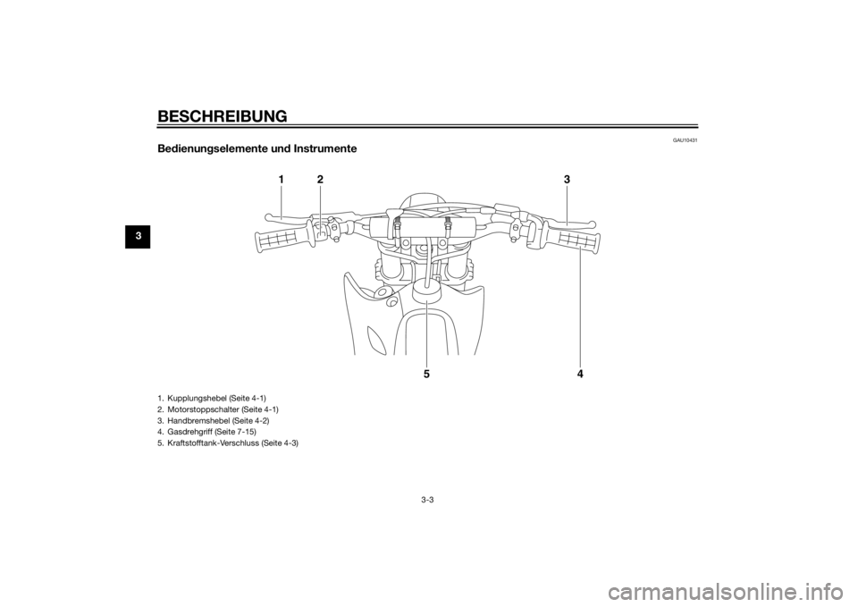 YAMAHA YZ85 2014 Betriebsanleitungen (in German) BESCHREIBUNG
3-3
3
GAU10431
Be dienun gselemente un d Instrumente
1
2
3
4
5
1. Kupplungshebel (Seite 4-1)
2. Motorstoppschalter (Seite 4-1)
3. Handbremshebel (Seite 4-2)
4. Gasdrehgriff (Seite 7-15)
5 YAMAHA YZ85 2014 Betriebsanleitungen (in German) BESCHREIBUNG
3-3
3
GAU10431
Be dienun gselemente un d Instrumente
1
2
3
4
5
1. Kupplungshebel (Seite 4-1)
2. Motorstoppschalter (Seite 4-1)
3. Handbremshebel (Seite 4-2)
4. Gasdrehgriff (Seite 7-15)
5