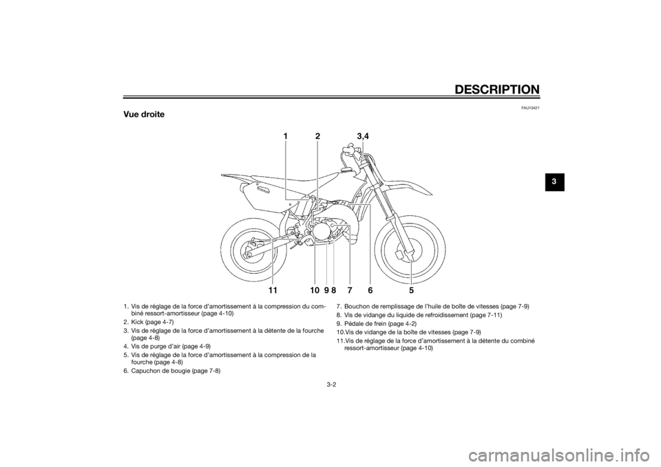 YAMAHA YZ85 2014 Notices Demploi (in French) DESCRIPTION
3-2
3
FAU10421
Vue droite1. Vis de réglage de la force d’amortissement à la compression du com-
biné ressort-amortisseur (page 4-10)
2. Kick (page 4-7)
3. Vis de réglage de la force YAMAHA YZ85 2014 Notices Demploi (in French) DESCRIPTION
3-2
3
FAU10421
Vue droite1. Vis de réglage de la force d’amortissement à la compression du com-
biné ressort-amortisseur (page 4-10)
2. Kick (page 4-7)
3. Vis de réglage de la force